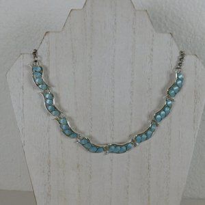 Blue Opalescent Moon Glow Vintage Lucite Teardrop Silver Tone Thermoset Necklace